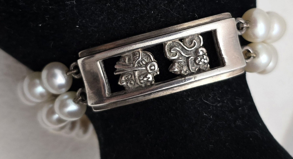 Vintage Mayan Head Sterling Silver Pearl Bracelet 5/8" Wide Signed MO
